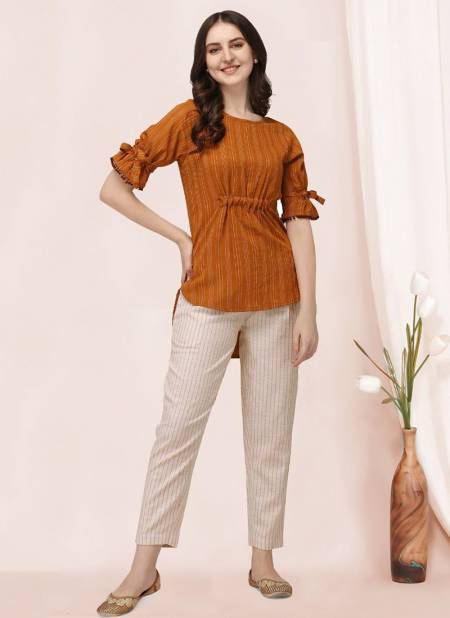 Orange MESMORA MF Trendy Look Khadi Cotton Western Top With Bottom Heavy Collection 1122